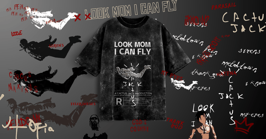 A Streetwear Tribute to Travis Scott's Astroworld featuring acid-wash Look Mom I Can Fly tee design