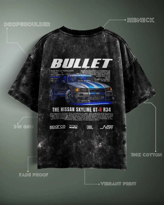 Bullet Nissan Acid Wash Graphic Oversized T-shirt featuring a blue Nissan Skyline GT-R R34 print