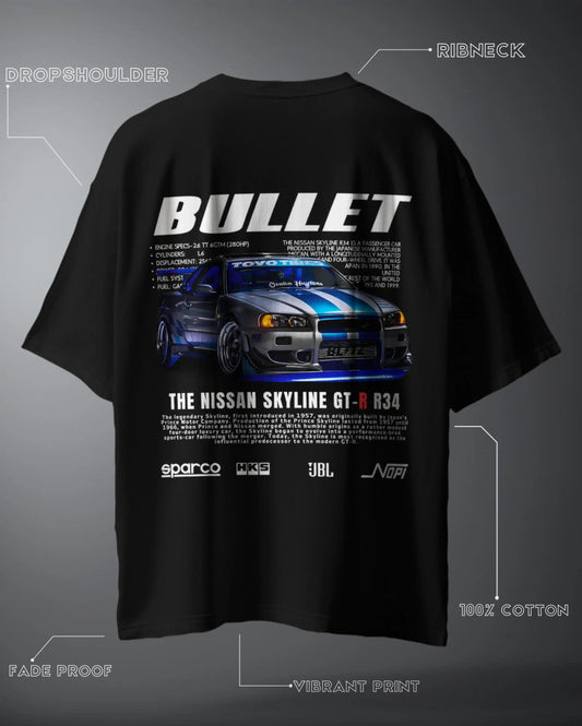 Black Bullet Nissan Skyline GT-R Oversized Graphic T-Shirt featuring a detailed car print with technical specs and logos