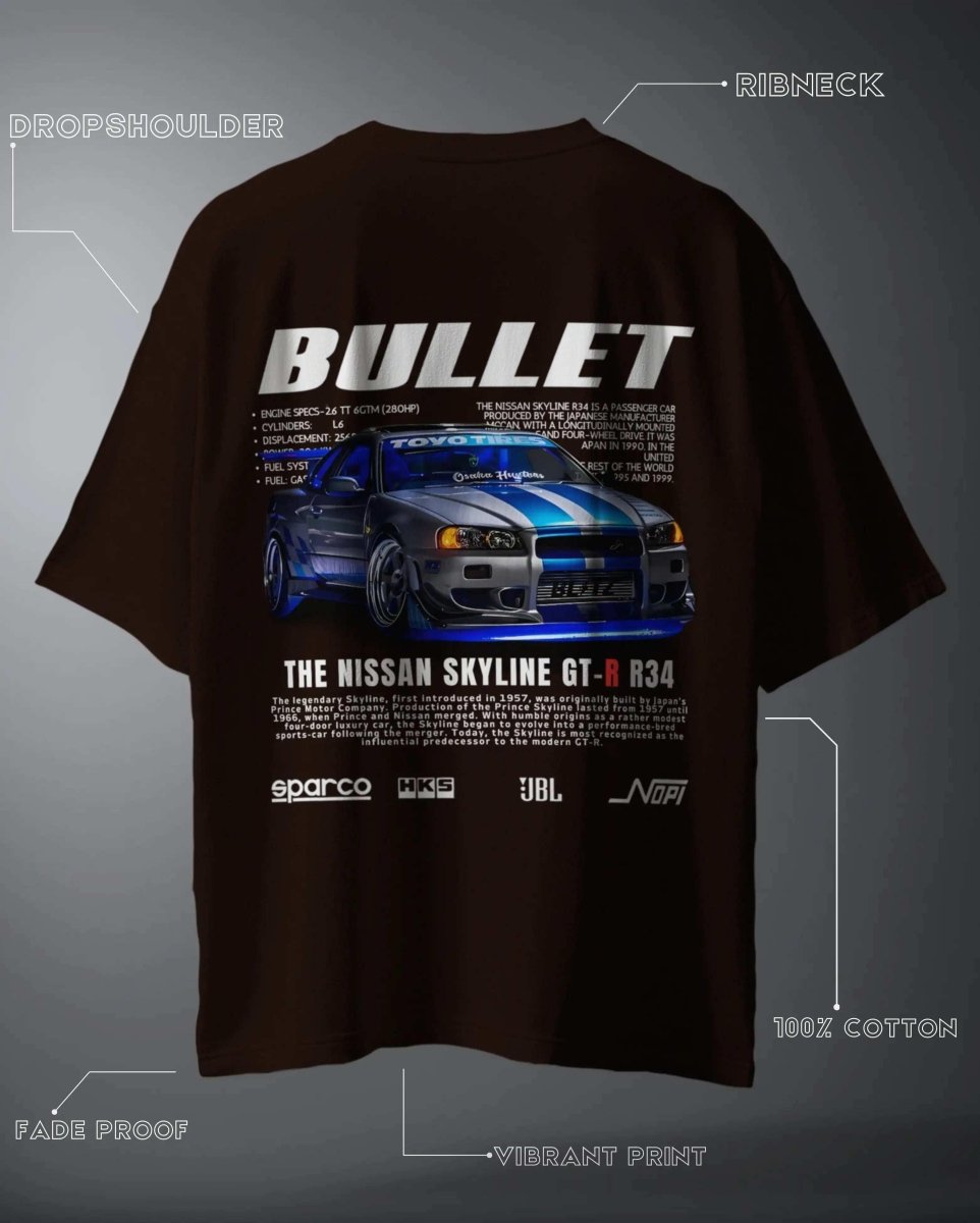 Black Bullet Nissan Skyline GT-R Oversized Graphic T-Shirt with blue car illustration and detailed text print