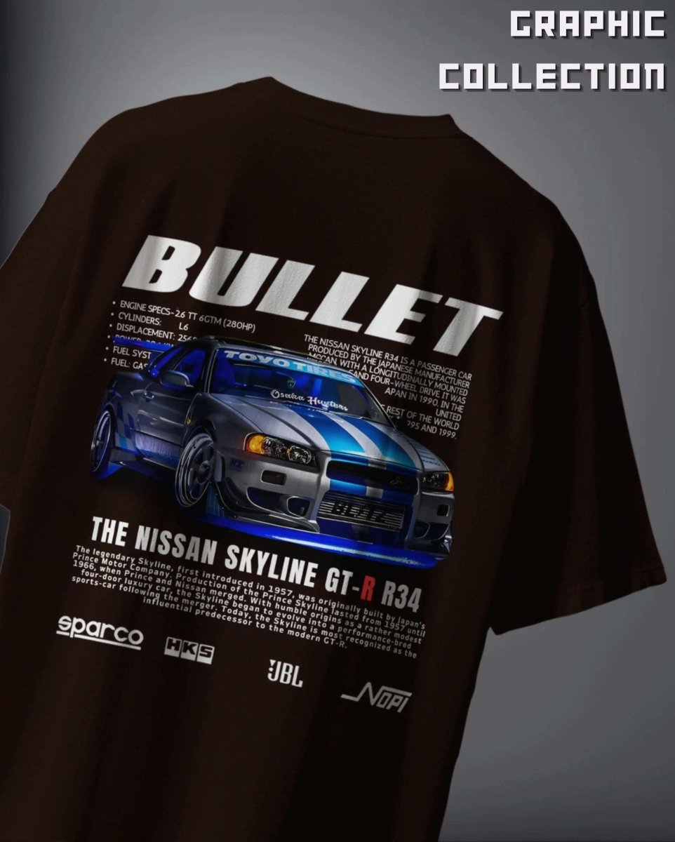 Bullet Nissan Skyline GT-R Oversized Graphic T-Shirt featuring a detailed blue car illustration on black fabric