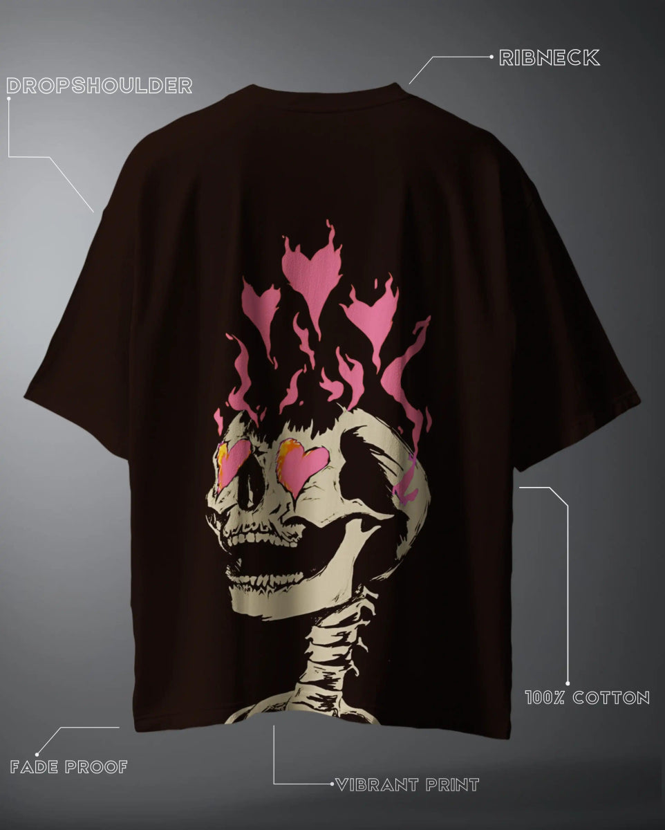WEEBTOON oversized graphic T-shirt with skull and pink flame design on back in black cotton