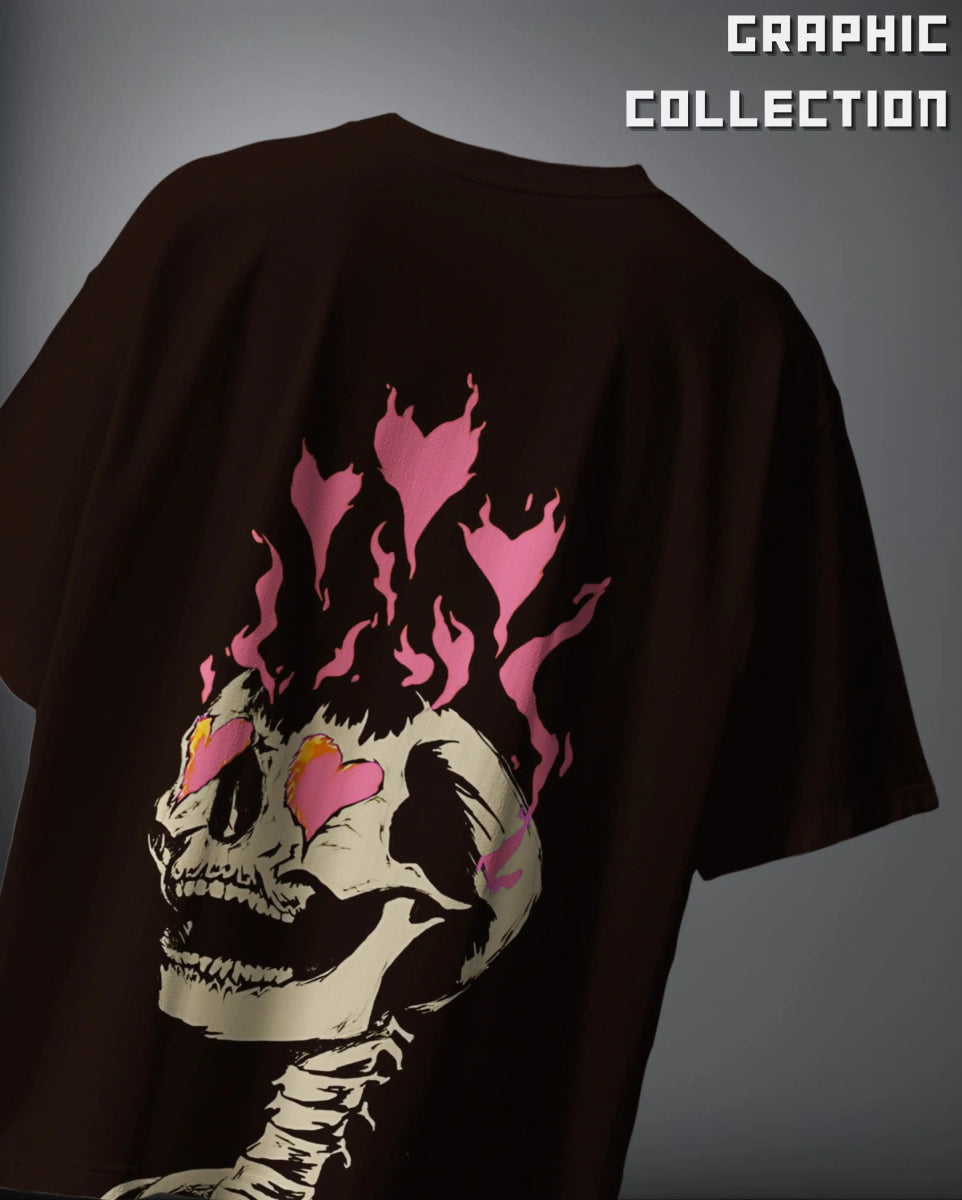 WEEBTOON Oversized Graphic T-shirt with flaming skull and heart eyes design on black fabric