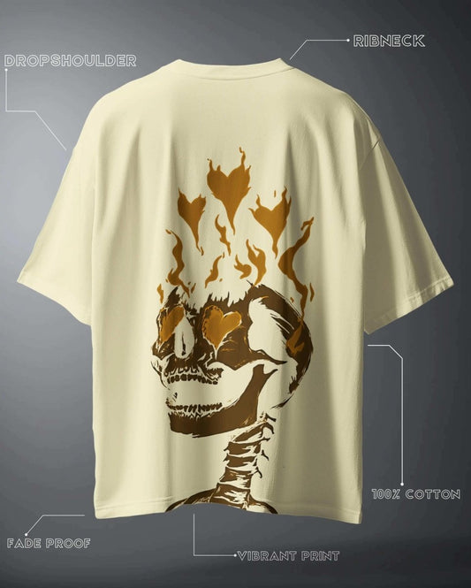 WEEBTOON oversized graphic t-shirt in beige with flaming skull print and drop shoulder design