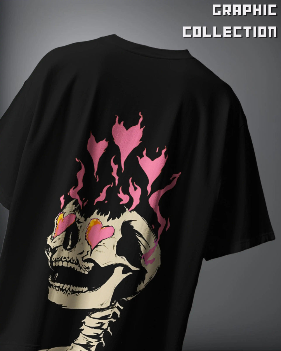 Black Oversized Graphic T-shirt featuring a flaming skull with pink heart-shaped eyes from WEEBTOON