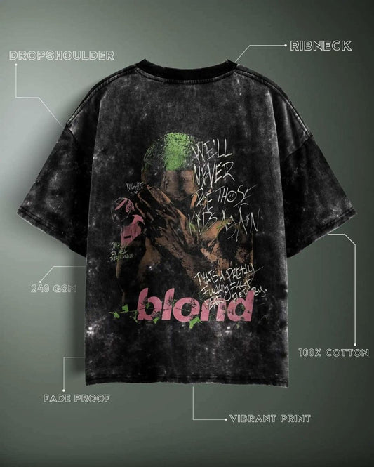 Frank Ocean Acid Wash Graphic Oversized T-Shirt in black with vibrant Blond print and ribneck design