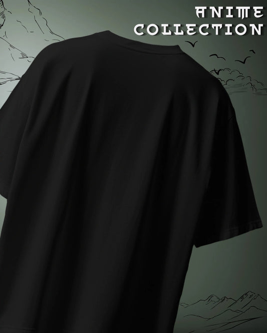 Back view of black Kakashi Naruto Oversized T-Shirt from Weebtoon anime collection with mountain background