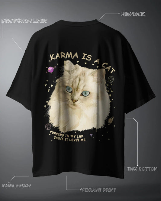 Black Karma Is A Cat Oversized Artist T-Shirt by WEEBTOON featuring a large cat graphic and space-themed design