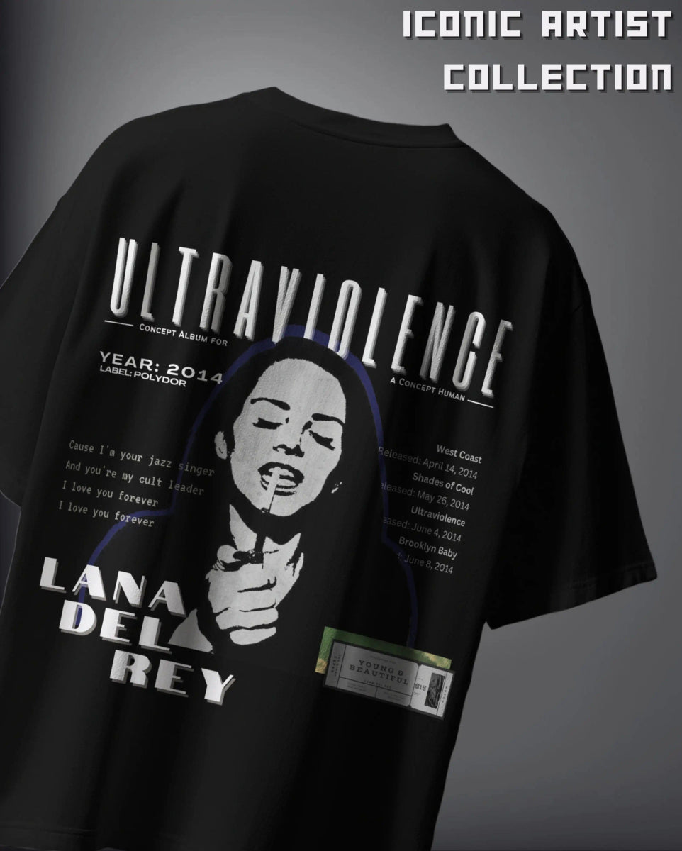 Black Lana Del Rey Ultraviolence Oversized T-shirt featuring album art and text from 2014 concept album