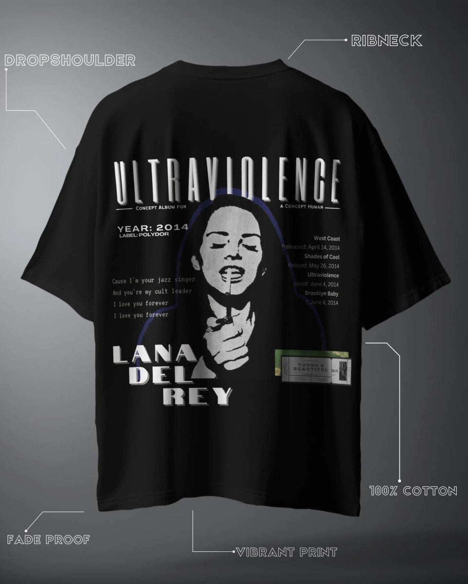 Black Lana Del Rey Ultraviolence Oversized T-shirt with vintage graphic print and ribneck collar