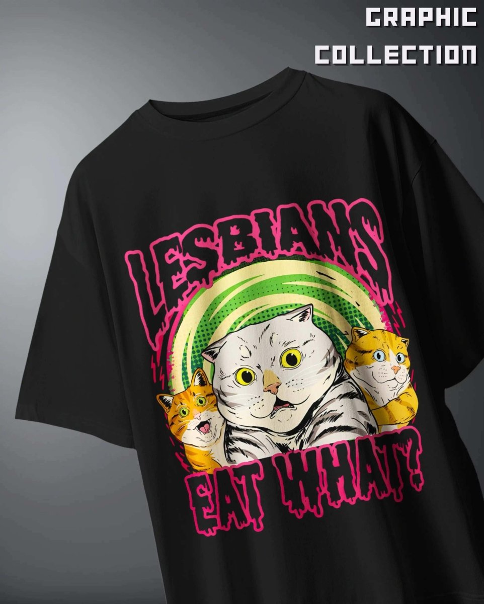 Lesbians Eat What Oversized Graphic T-Shirt with colorful cat illustration on black fabric