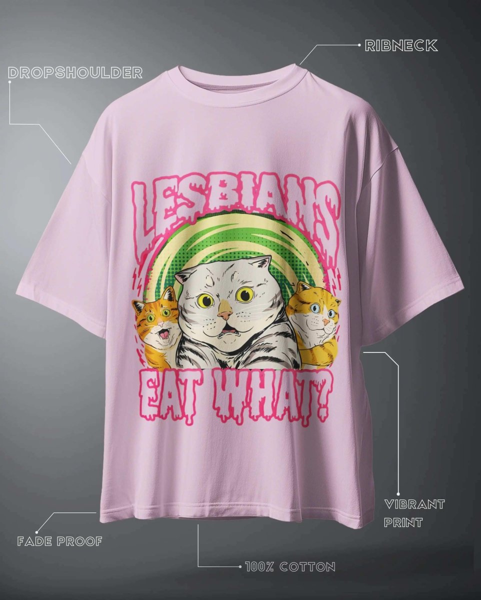 Lesbians Eat What Oversized Graphic T-Shirt in pink with cartoon cats and bold vibrant print