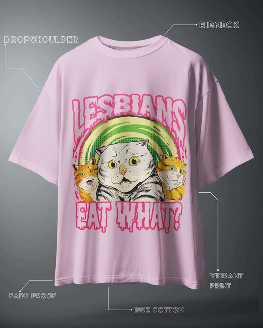 Lesbians Eat What Oversized Graphic T-Shirt in pink with cartoon cats and bold vibrant print