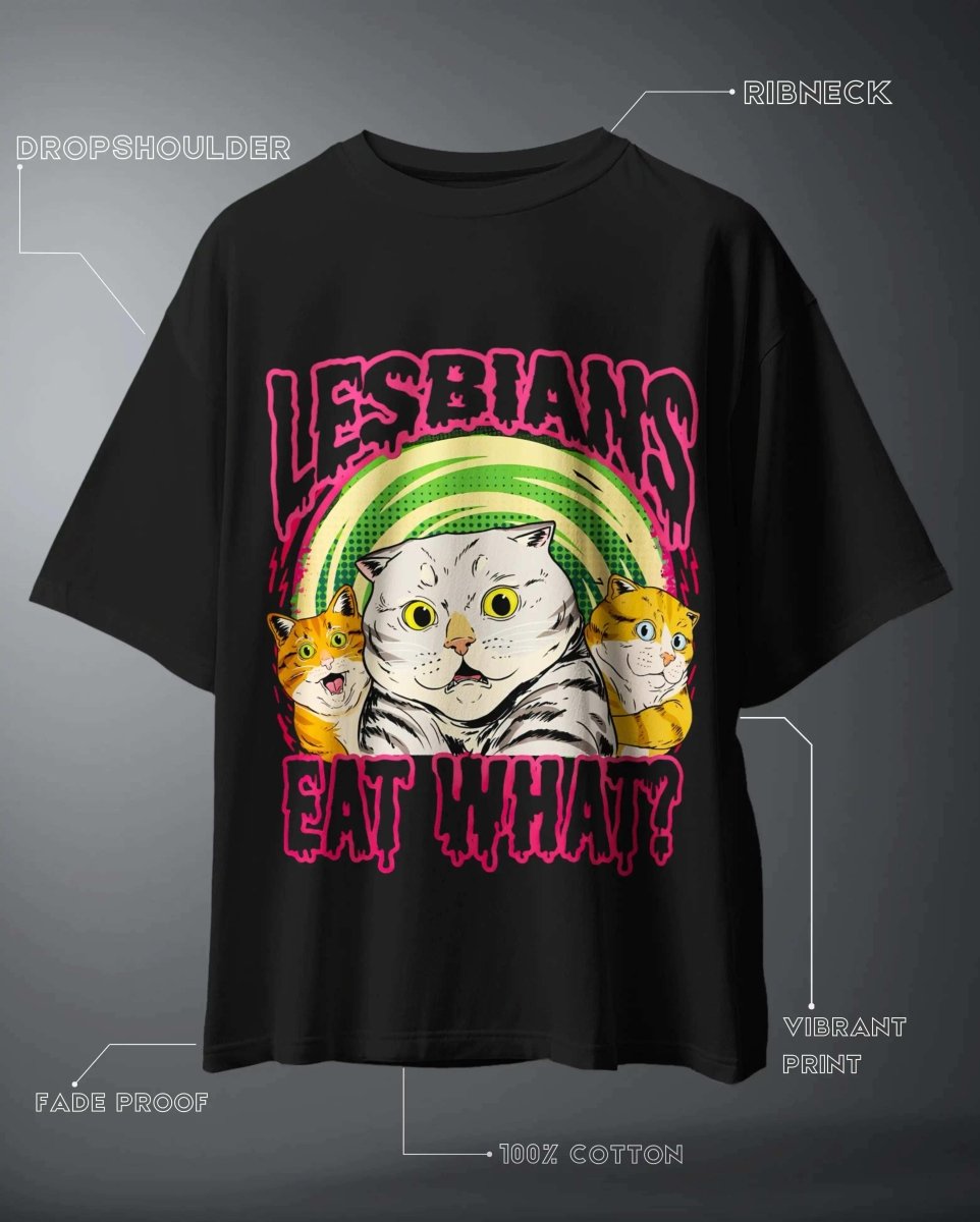 Lesbians Eat What Oversized Graphic T-Shirt by WEEBTOON with cat design and vibrant print on black fabric