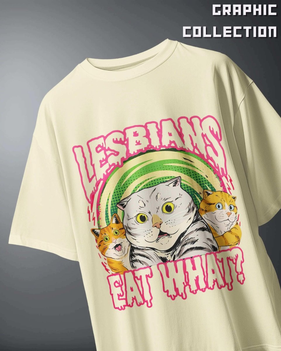 Lesbians Eat What Oversized Graphic T-Shirt by WEEBTOON featuring colorful cat illustration on cream fabric