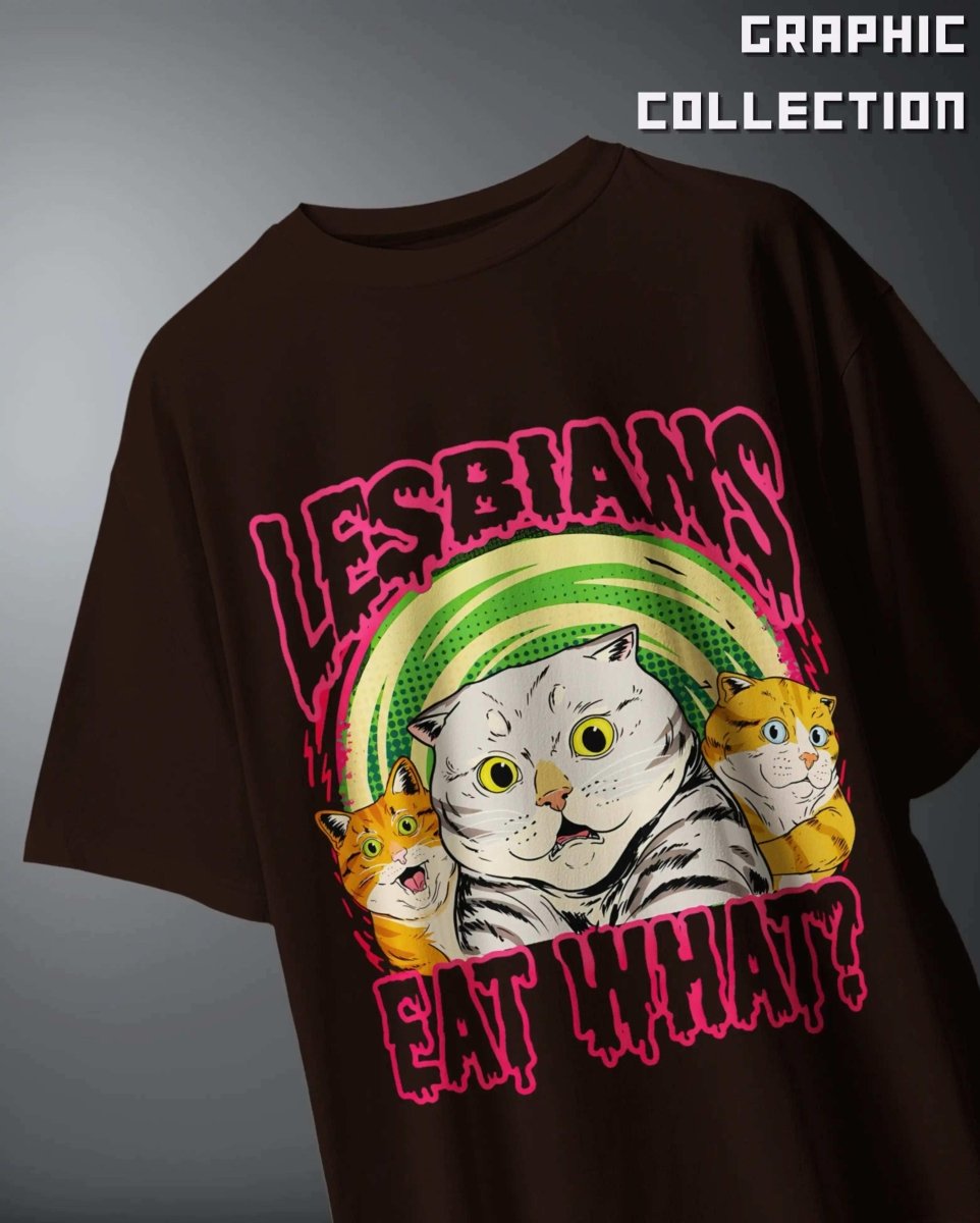 Lesbians Eat What Oversized Graphic T-Shirt by WEEBTOON featuring three colorful cats on black fabric