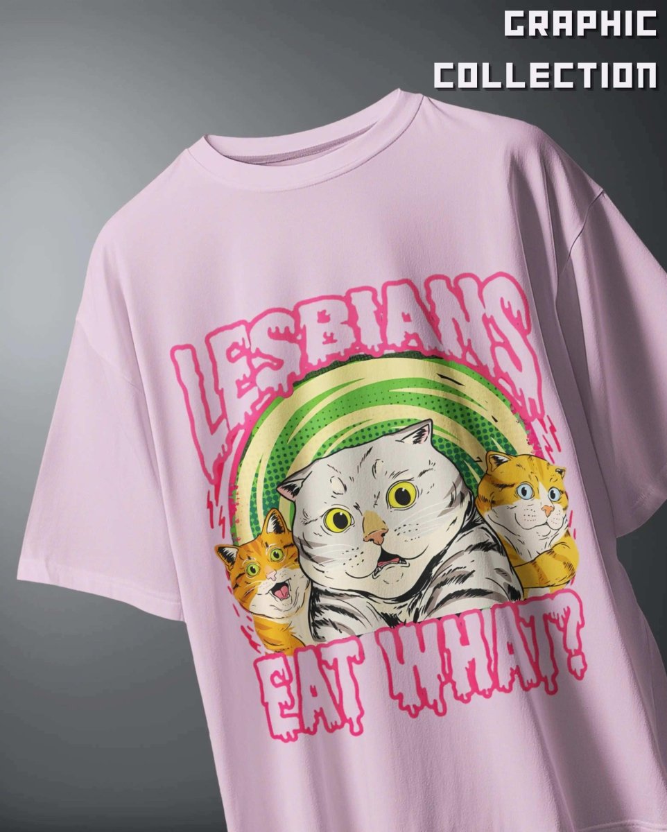 Lesbians Eat What Oversized Graphic T-Shirt by WEEBTOON with colorful cat design on light purple fabric