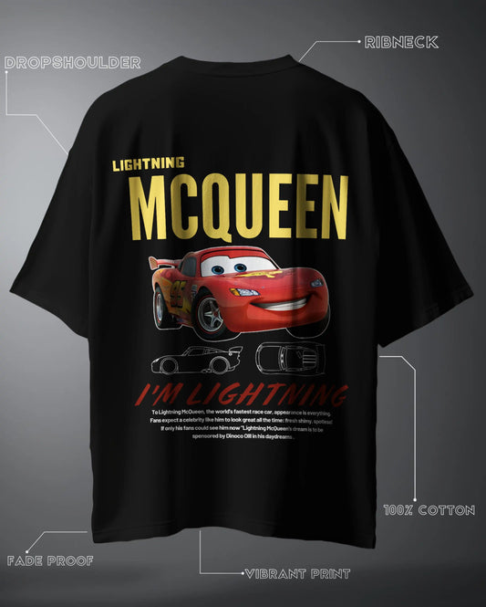 WEEBTOON Streetwear Oversized Graphic T-Shirt featuring Lightning McQueen print on black cotton fabric
