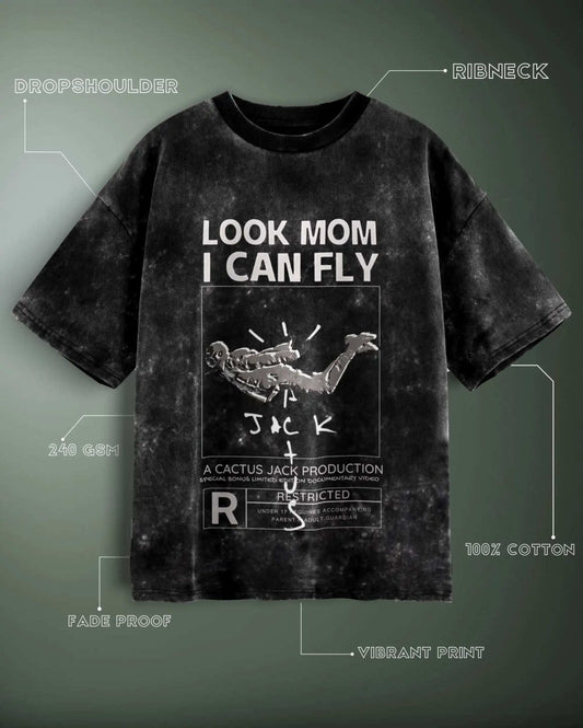 WEEBTOON Acid Wash Oversized T-shirt with Look Mom I Can Fly graphic print and ribneck