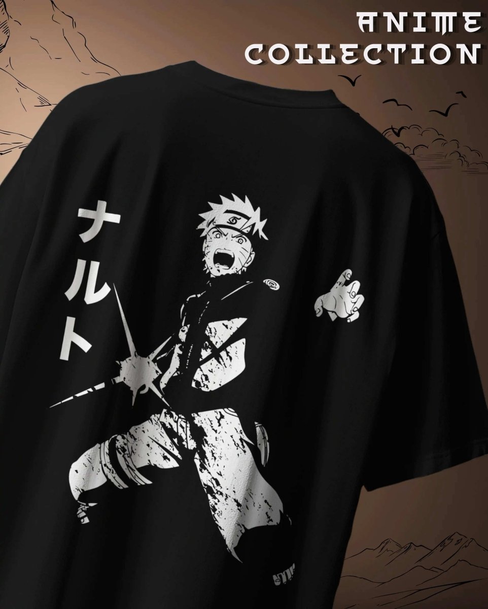 Black Naruto Oversized Anime Graphic T-Shirt featuring dynamic monochrome Naruto character design