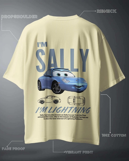 WEEBTOON Graphic Oversized T-shirt with blue cartoon car design and text on back in beige color