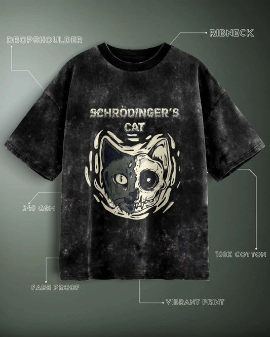 WEEBTOON Acid Wash Oversized Graphic T-shirt with Schrodinger's Cat design and ribneck collar