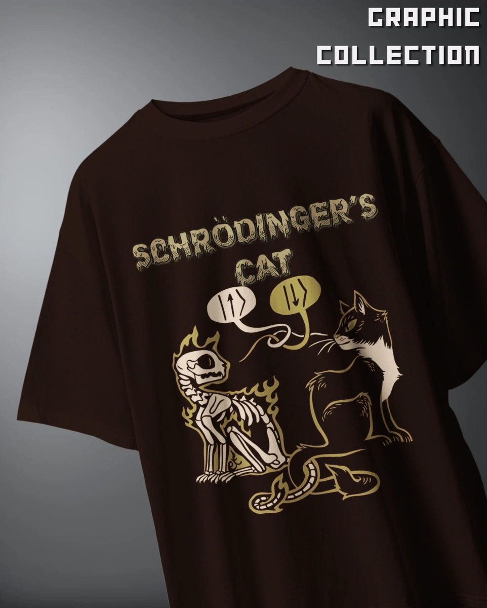 WEEBTOON Graphic Oversized T-shirt with Schrodinger's Cat skeleton and live cat design in black