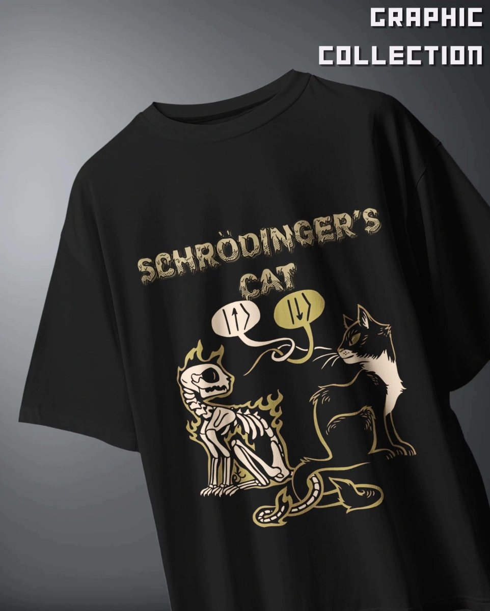 WEEBTOON black Graphic Oversized T-shirt featuring Schrodinger's cat skeleton and live cat illustration