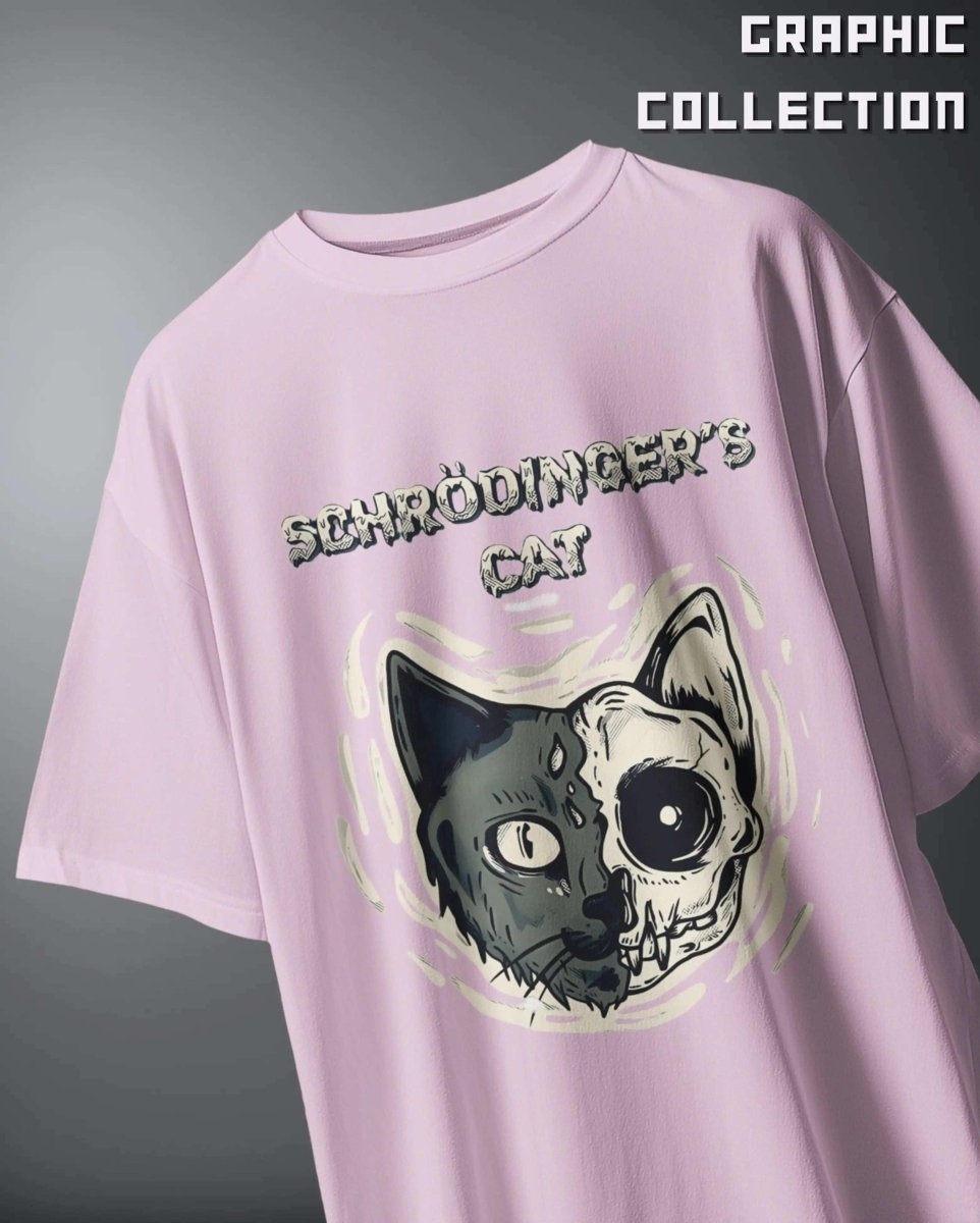 WEEBTOON pink oversized graphic streetwear t-shirt with Schrodinger's Cat skull and cat face design