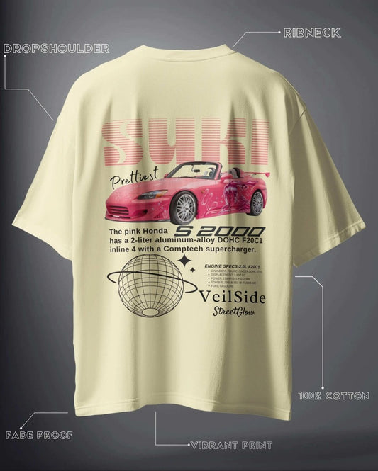 WEEBTOON unisex oversized T-shirt in beige with pink Honda S2000 graphic and detailed text print on the back