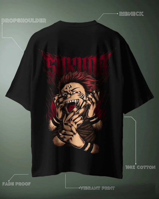 Black oversized graphic anime T-shirt with red and brown fierce character print by WEEBTOON