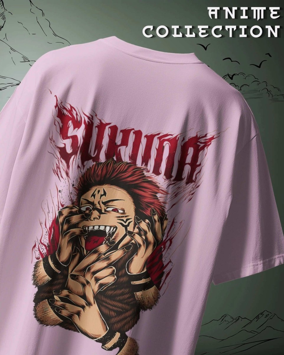 WEEBTOON Oversized Graphic Anime T-shirt in pink with bold red and black anime character design on the back