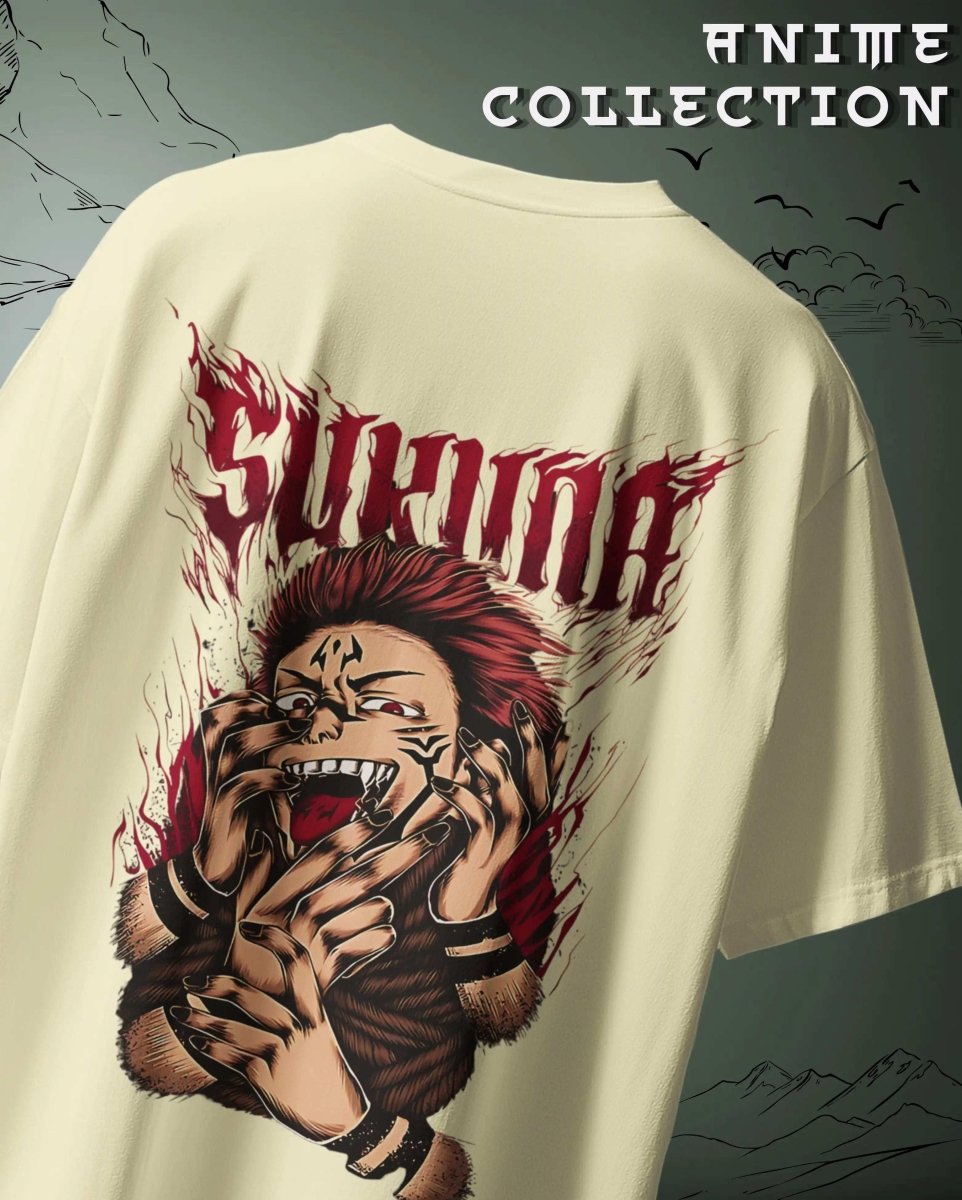 Oversized Graphic Anime T-shirt with detailed Sukuna design from anime collection in beige color