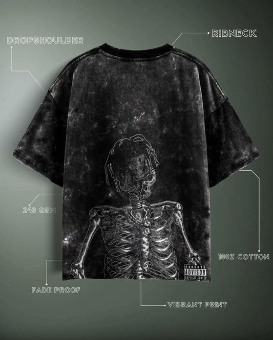 WEEBTOON Travis Scott Acid Wash Oversized T-shirt with skeleton print and fade proof cotton fabric