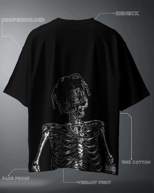 Travis Scott Oversized T-shirt by WEEBTOON in black with skeleton graphic and ribneck drop shoulder design