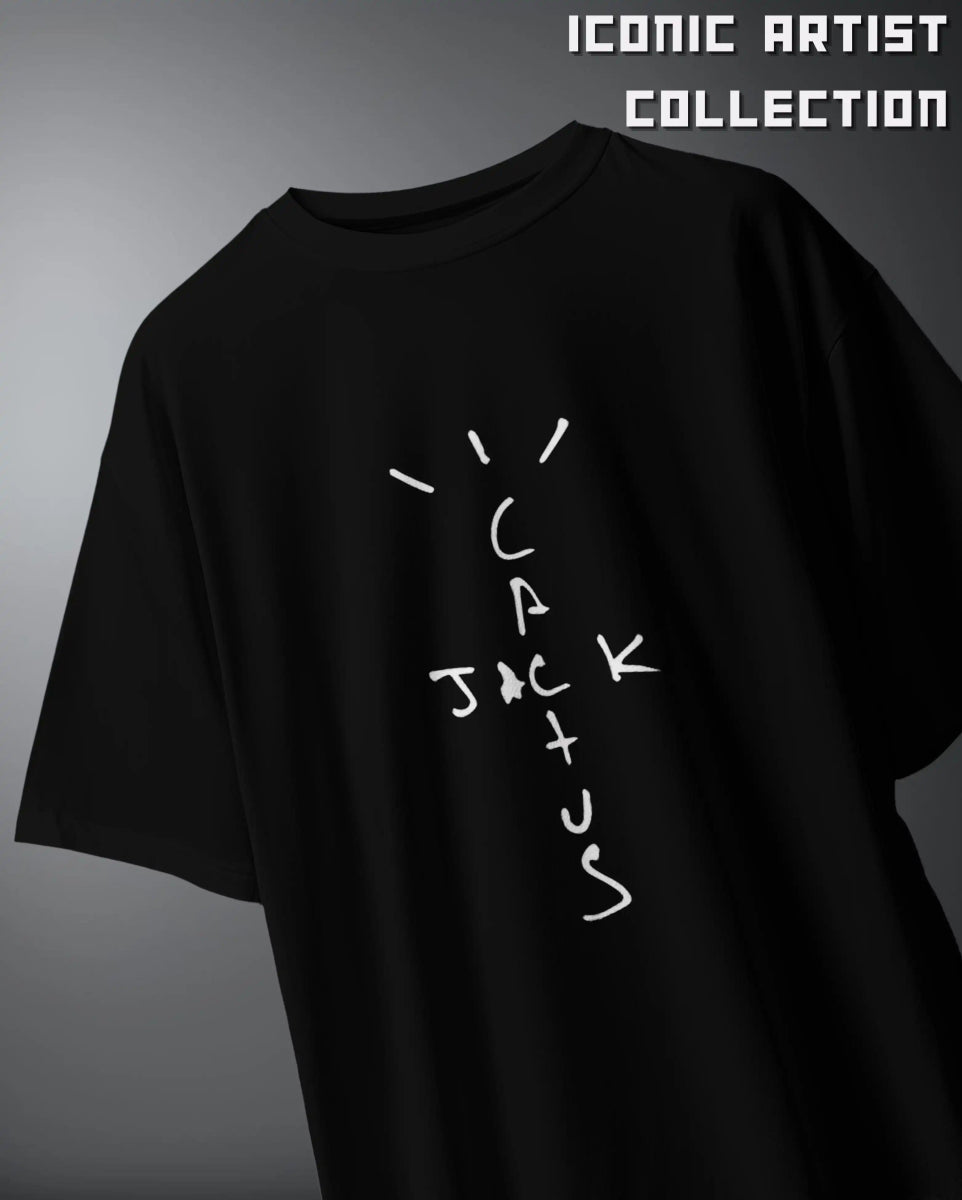 Black Travis Scott Oversized T-shirt with white stylized cactus and jack text design