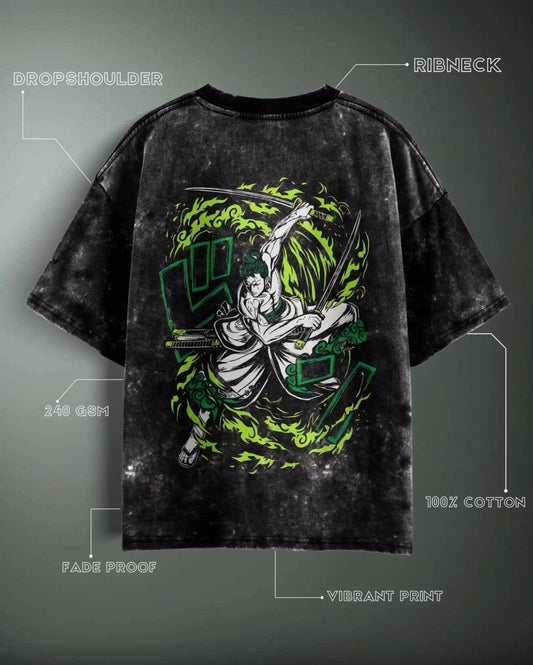 Zoro Acid Wash Oversized Anime T-shirt with vibrant green and white character print on black drop shoulder design