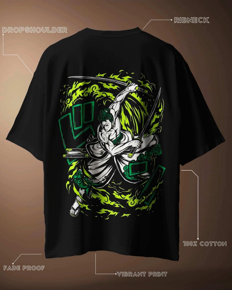 Zoro Oversized Anime Graphic T-shirt in black with vibrant green and white sword art print by WEEBTOON