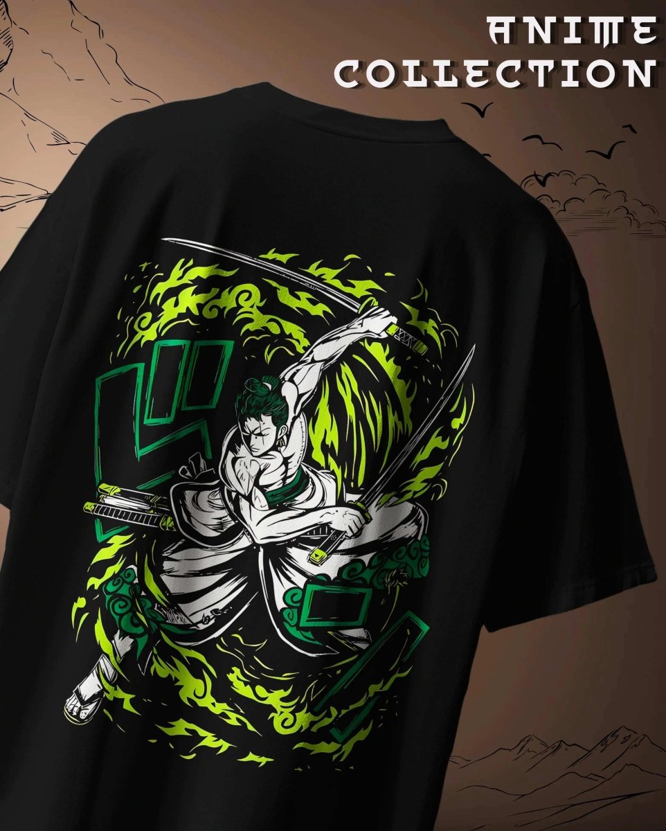 Black Zoro Oversized Anime Graphic T-shirt featuring dynamic green and white samurai sword design