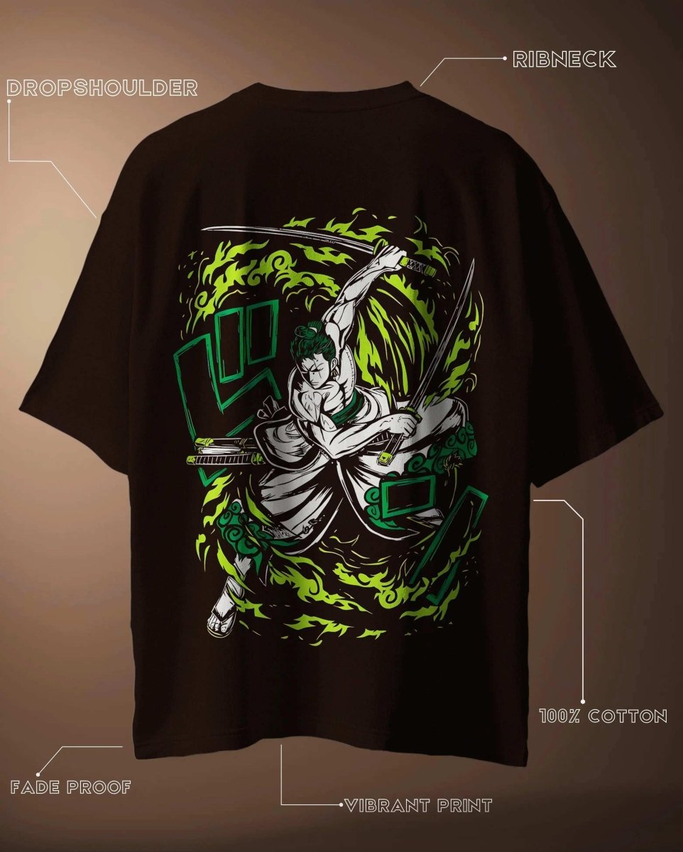 Zoro Oversized Anime Graphic T-shirt featuring vibrant green and white samurai design on black dropshoulder ribneck tee