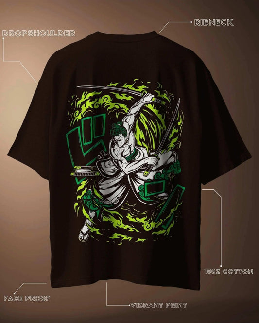 Zoro Oversized Anime Graphic T-shirt featuring vibrant green and white samurai design on black dropshoulder ribneck tee