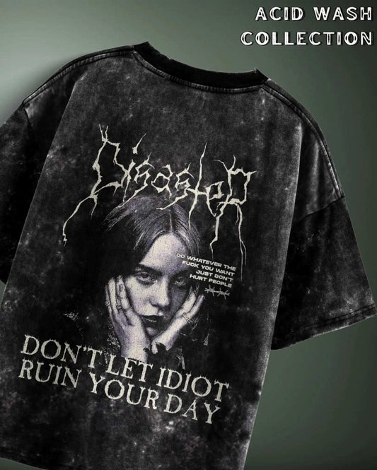 Billie Eilish Acid Wash Oversized T-shirt with graphic text and black acid wash design by WEEBTOON