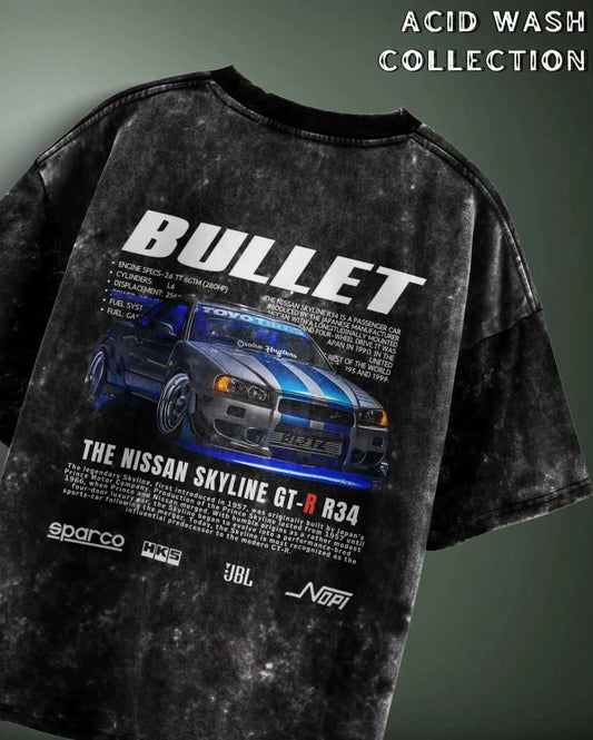 Bullet Nissan Acid Wash Graphic Oversized T-shirt featuring a blue Nissan Skyline GT-R R34 design on black acid wash fabric