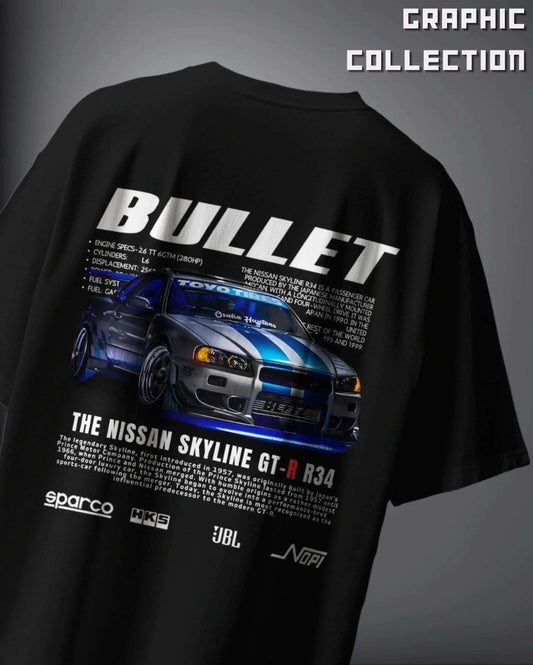 Black Bullet Nissan Skyline GT-R Oversized Graphic T-Shirt featuring detailed car design and specs
