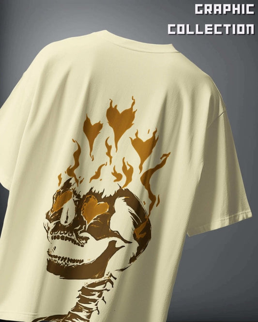 WEEBTOON oversized graphic T-shirt featuring a flaming skull design in brown tones on cream fabric