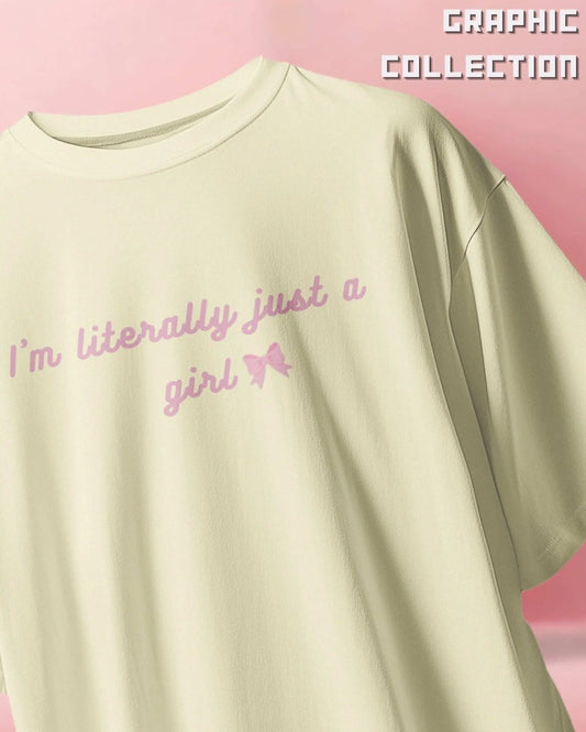 WEEBTOON oversized T-shirt for girls in light beige color with pink text graphic on front