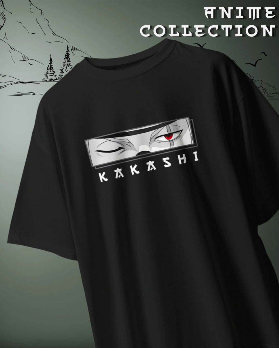 Black Kakashi Naruto Oversized T-Shirt featuring Kakashi's eye design from anime collection