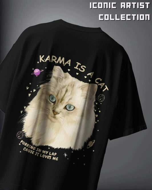 Black Karma Is A Cat Oversized Artist T-Shirt by WEEBTOON featuring a large graphic of a white cat with blue eyes