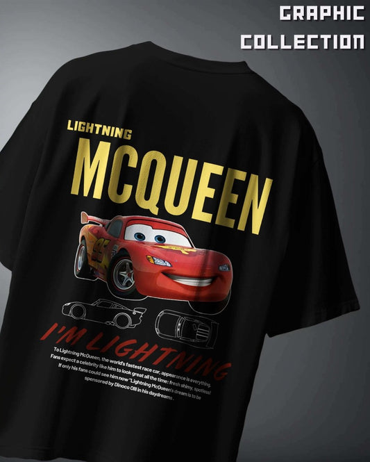 WEEBTOON Streetwear Oversized Graphic T-Shirt featuring Lightning McQueen car design in black