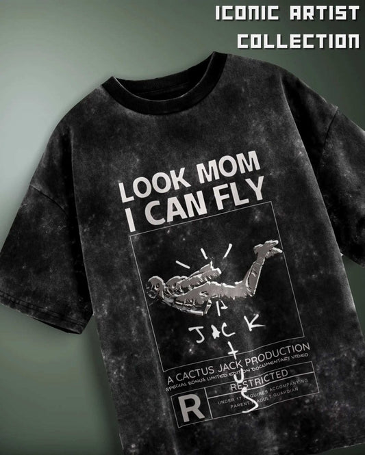 WEEBTOON Acid Wash Oversized T-shirt with Look Mom I Can Fly graphic design